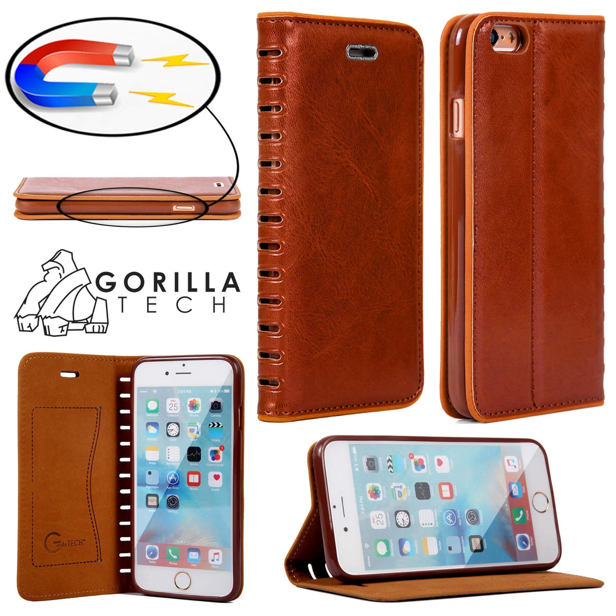 Étui PVC Book Cuir Gorilla Tech Marron Pour Apple iPhone 6/6S Plus
