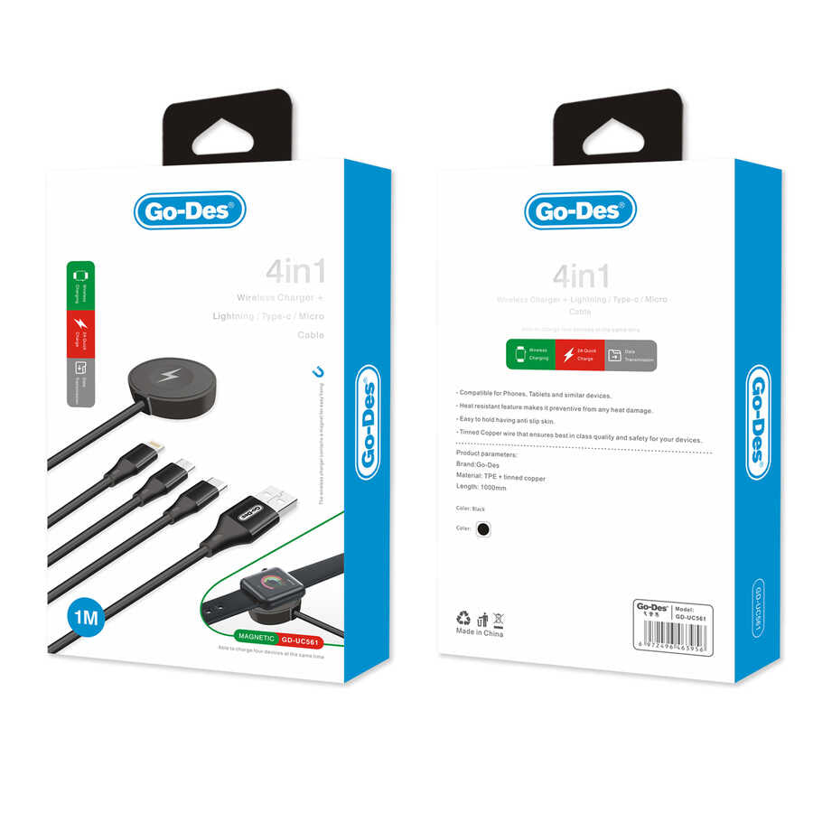 Cable Go-Des  4 en 1  chargeur sans fil /lightning/type-c/micro-cable  noir