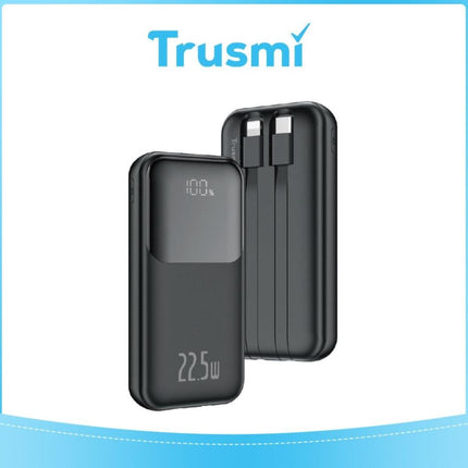 TRUSMI Ultra Mini Batterie Externe 10000mAh – 22.5W Charge Rapide | Built in Lightning & Type C Cables | Écran Digital
