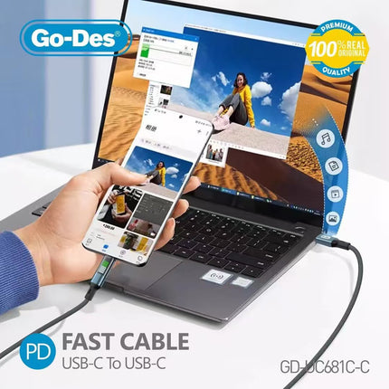 Câble USB-C vers USB-C Go-Des GD-UC681C-C, Charge Rapide 60W (1,2 m)