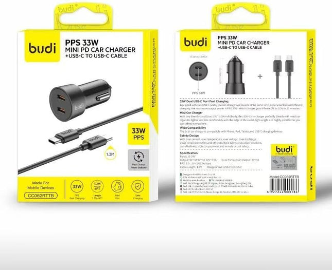 Budi Chargeur Voiture Dual T.C Chargeur Voiture + C to C Câble - CC622RTTB
