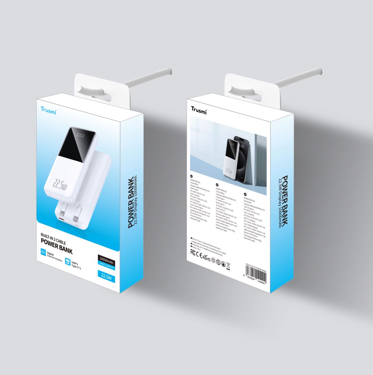 Digital Power Bank, Batterie Externe TRUSMI 20000 mAh PB03-022 PD22.5W Couleur Noir