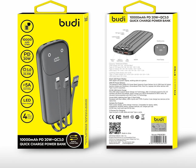 Budi Batterie Externe 10000mAh Charge Rapide PD Batterie Externe - 20W+QC3.0