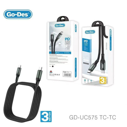 Câble Tressé USB-C vers USB-C Go-Des GD-UC575, Charge Ultra-Rapide 40W (3 m)