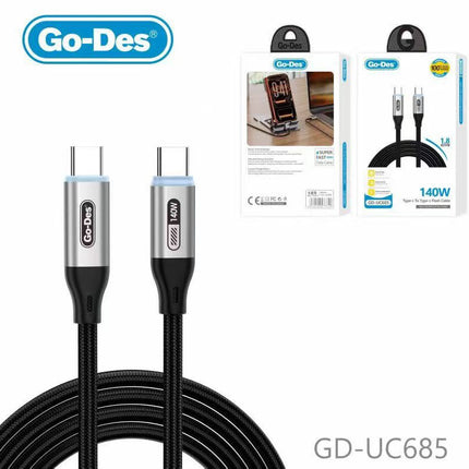 Câble Tressé USB-C vers USB-C Go-Des GD-UC685, Charge Rapide 140W (1,8 m)