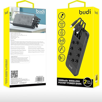 Budi Batterie Externe 10000mAh Sans Fil avec 3 Cables, Dual Inputs, Support
