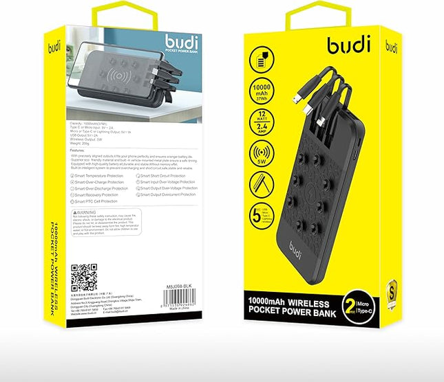 Budi Batterie Externe 10000mAh Sans Fil avec 3 Cables, Dual Inputs, Support