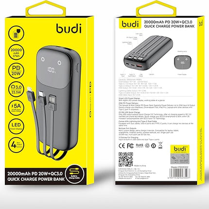 Budi Batterie Externe PB083B2 20000mAh – 20W PD + QC3.0 Charge Rapide,  Portable - 4-Port