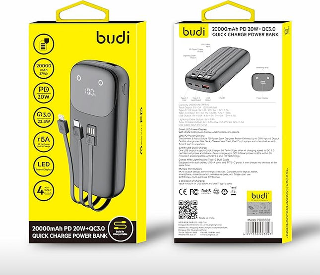 Budi Batterie Externe PB083B2 20000mAh – 20W PD + QC3.0 Charge Rapide,  Portable - 4-Port