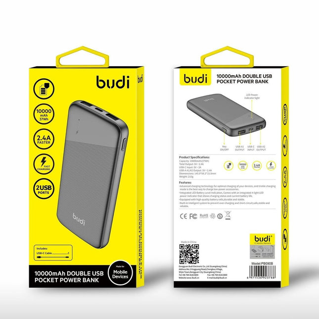 Budi Batterie Externe 10000mAh – Dual USB Charge Rapide, Portable & Compact - PB090B