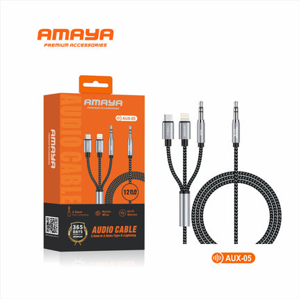 Câble Audio 3-en-1 Amaya AUX-05, Jack 3,5mm vers 3,5mm/USB-C/Lightning