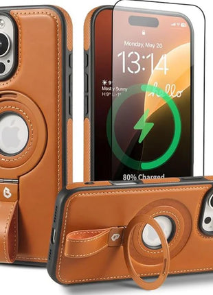 Coque Cuir Marron iPhone 17 Pro  avec Grip Loop – Compatible MagSafe, Support Rotatif, Protection Antichoc