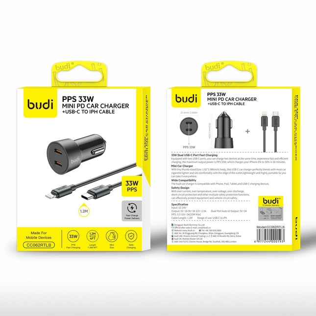 Budi Dual T.C Chargeur Voiture + C to L Câble PPS33W - CC062RTLB
