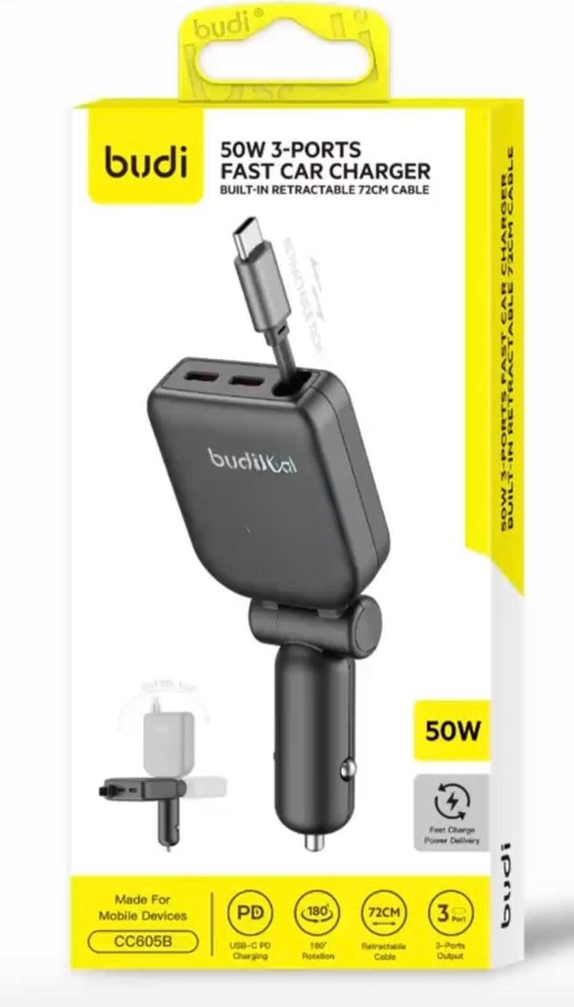 Budi 50W 3-Port Chargeur Rapide Voiture avec C Câble - CC605B