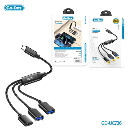 Adaptateur Multiport USB-C Go-Des GD-UC736, Hub OTG et Répartiteur USB