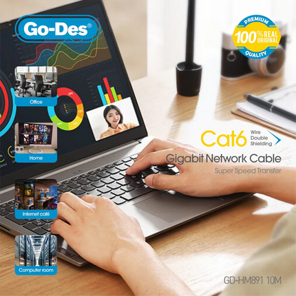 Câble Réseau Ethernet Cat6 Gigabit RJ45 Go-Des GD-HM891 (10 m)