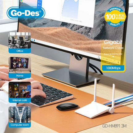 Câble Réseau Ethernet Cat6 Gigabit RJ45 Go-Des GD-HM891, Transfert Ultra-Rapide (3 m)