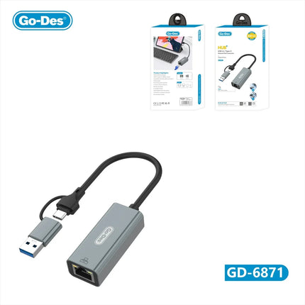 Adaptateur Réseau 2-en-1 USB-C/USB-A vers RJ45 Gigabit Go-Des GD-6871