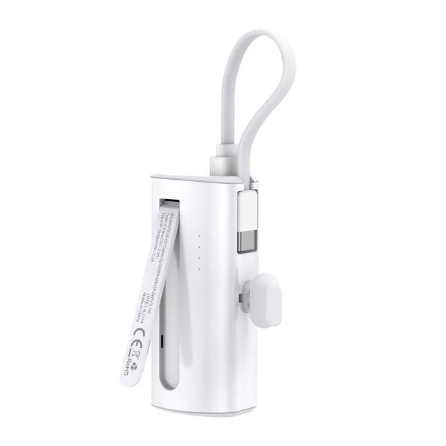 Trusmi PB16-02 Batterie Externe 5000 mAh – Power Bank Portable 5V/2,1A Avec Support Pour câble Lightning & USB-C – Blanc