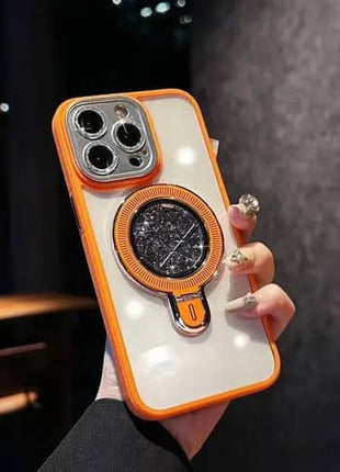 Coque a Support  Magnetique Qualité Premium Effet  Pailletes En Poudre Avec Branches d'Etoiles De Couleur Orange pour Apple iPhone 15 Pro Max