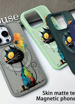 Coque de Téléphone Portable Transparente et Givrée Noir Magnétique a Motif Crazy Cat Pour iPhone 16