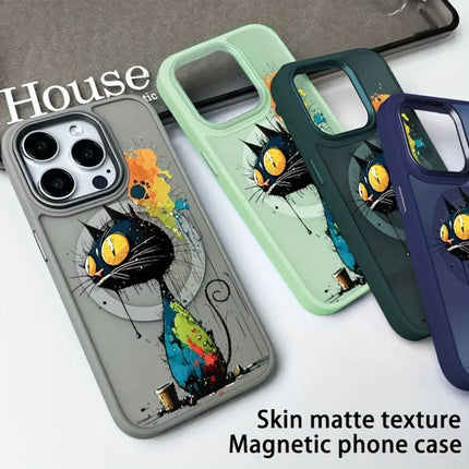 Coque de Téléphone Portable Transparente et Givrée Noir Magnétique a Motif Crazy Cat Pour iPhone 16 Pro Max