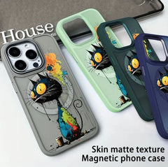 Coque de Téléphone Portable Transparente et Givrée Noir Magnétique a Motif Crazy Cat Pour iPhone 16 Pro