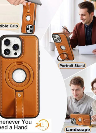 Coque Cuir Marron iPhone 17 Pro  avec Grip Loop – Compatible MagSafe, Support Rotatif, Protection Antichoc