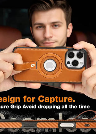 Coque Cuir Marron iPhone 17 Pro  avec Grip Loop – Compatible MagSafe, Support Rotatif, Protection Antichoc