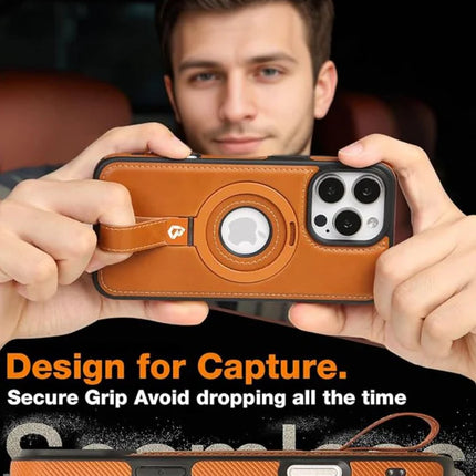Coque Cuir Marron iPhone 17 Pro  avec Grip Loop – Compatible MagSafe, Support Rotatif, Protection Antichoc