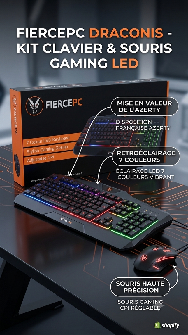 Pack Gaming FiercePC Draconis – Clavier LED AZERTY et Souris Haute Précision