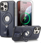 Coque Cuir Bleu iPhone 16 Pro Max avec Grip Loop – Compatible MagSafe, Support Rotatif, Protection Antichoc