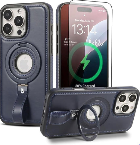 Coque Cuir Bleu iPhone 16 Pro Max avec Grip Loop – Compatible MagSafe, Support Rotatif, Protection Antichoc