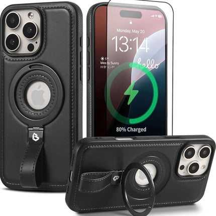 Coque Cuir Noir iPhone 16 Pro Max avec Grip Loop – Compatible MagSafe, Support Rotatif, Protection Antichoc