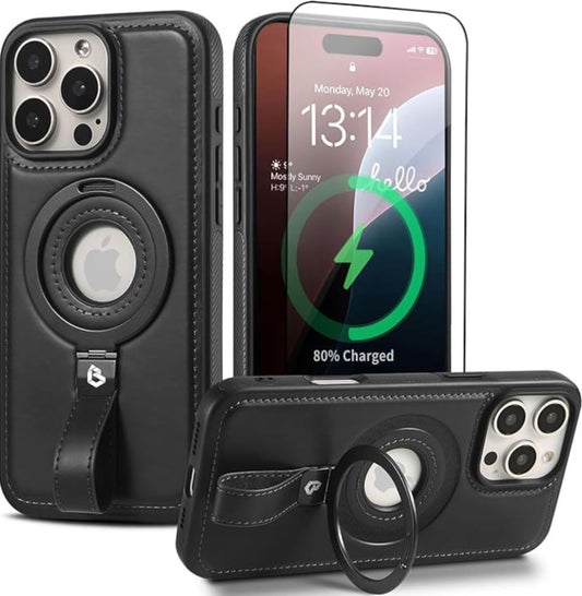 Coque Cuir Noir iPhone 16 Pro Max avec Grip Loop – Compatible MagSafe, Support Rotatif, Protection Antichoc