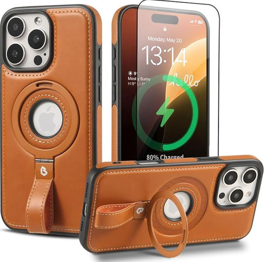 Coque Cuir Marron iPhone 16 Pro Max avec Grip Loop – Compatible MagSafe, Support Rotatif, Protection Antichoc