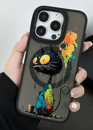 Coque de Téléphone Portable Transparente et Givrée Noir Magnétique a Motif Crazy Cat Pour iPhone 16