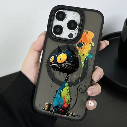 Coque de Téléphone Portable Transparente et Givrée Noir Magnétique a Motif Crazy Cat Pour iPhone 16 Pro Max