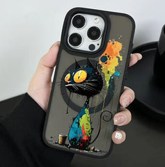 Coque de Téléphone Portable Transparente et Givrée Noir Magnétique a Motif Crazy Cat Pour iPhone 16 Pro