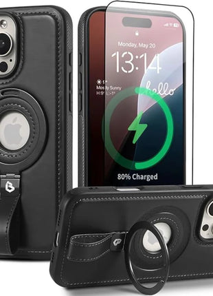 Coque Cuir Noir iPhone 17 Pro  avec Grip Loop – Compatible MagSafe, Support Rotatif, Protection Antichoc