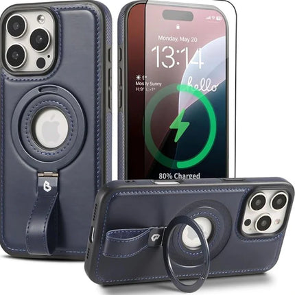 Coque Cuir Navy iPhone 17 Air avec Grip Loop – Compatible MagSafe, Support Rotatif, Protection Antichoc