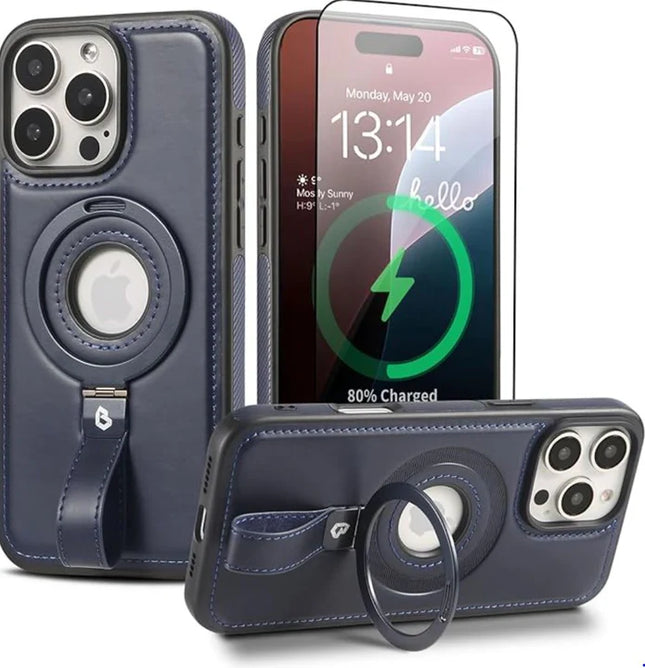 Coque Cuir Navy iPhone 17 avec Grip Loop – Compatible MagSafe, Support Rotatif, Protection Antichoc