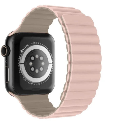 Bracelet En Cuir et Silicone Magnétique Rose Pour Apple Watch Taille 44mm/45mm/46mm/49mm