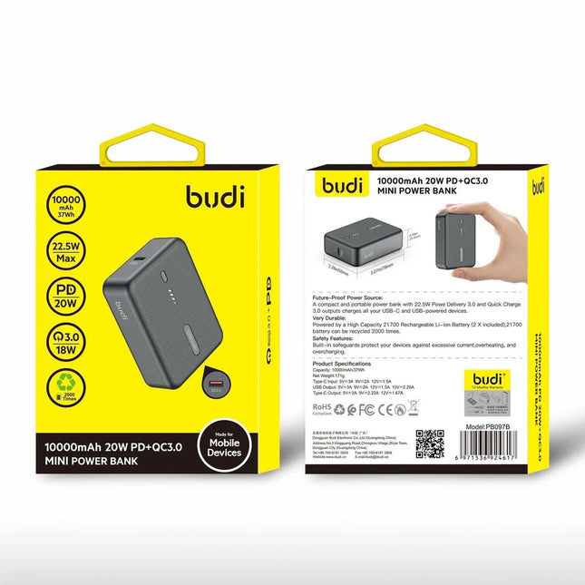 Budi Batterie Externe PB097B 10000mAh Mini Batterie Externe – 20W PD + Charge Rapide, Compact & Portable - QC3.0