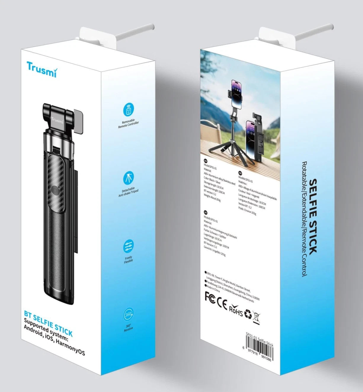 Trépied Selfie sans fil Bluetooth Trusmi avec support pour téléphone extensible à distance