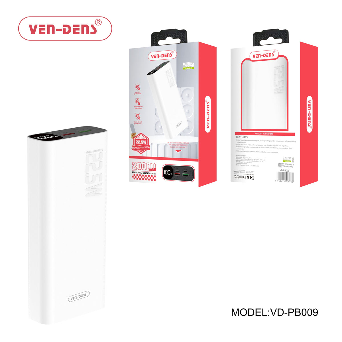 Power bank - Batterie externe  Slim Noir Ven-Dens double port USB-USBC 22.5w et 20000 mah