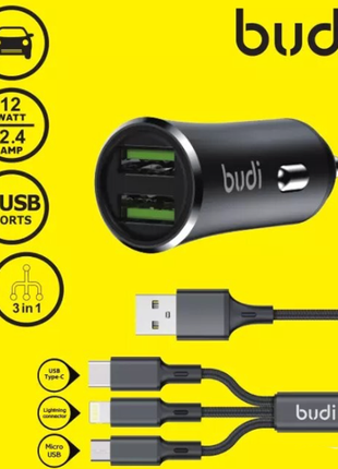 Chargeur voiture /  prise allume cigare aspor 2.4A 2 entrées avec cable 3 en 1