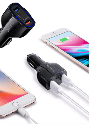 Chargeur Voiture /  Prise Allume Cigare Noir 7A Avec Deux Entrées USB Et Une Entrée Type-C