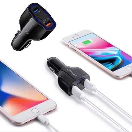 Pack de 10 Chargeurs Voiture /  Prise Allume Cigare Noir 7A Avec Deux Entrées USB Et Une Entrée Type-C