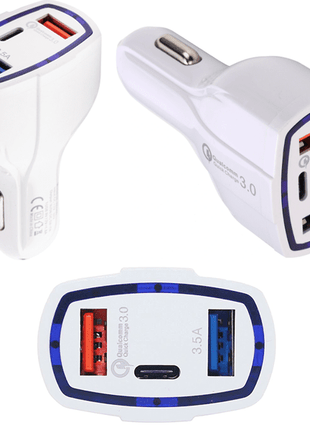 Chargeur Voiture /Prise Allume Cigare Blanc 7A Avec Deux Entrées USB Et Type C